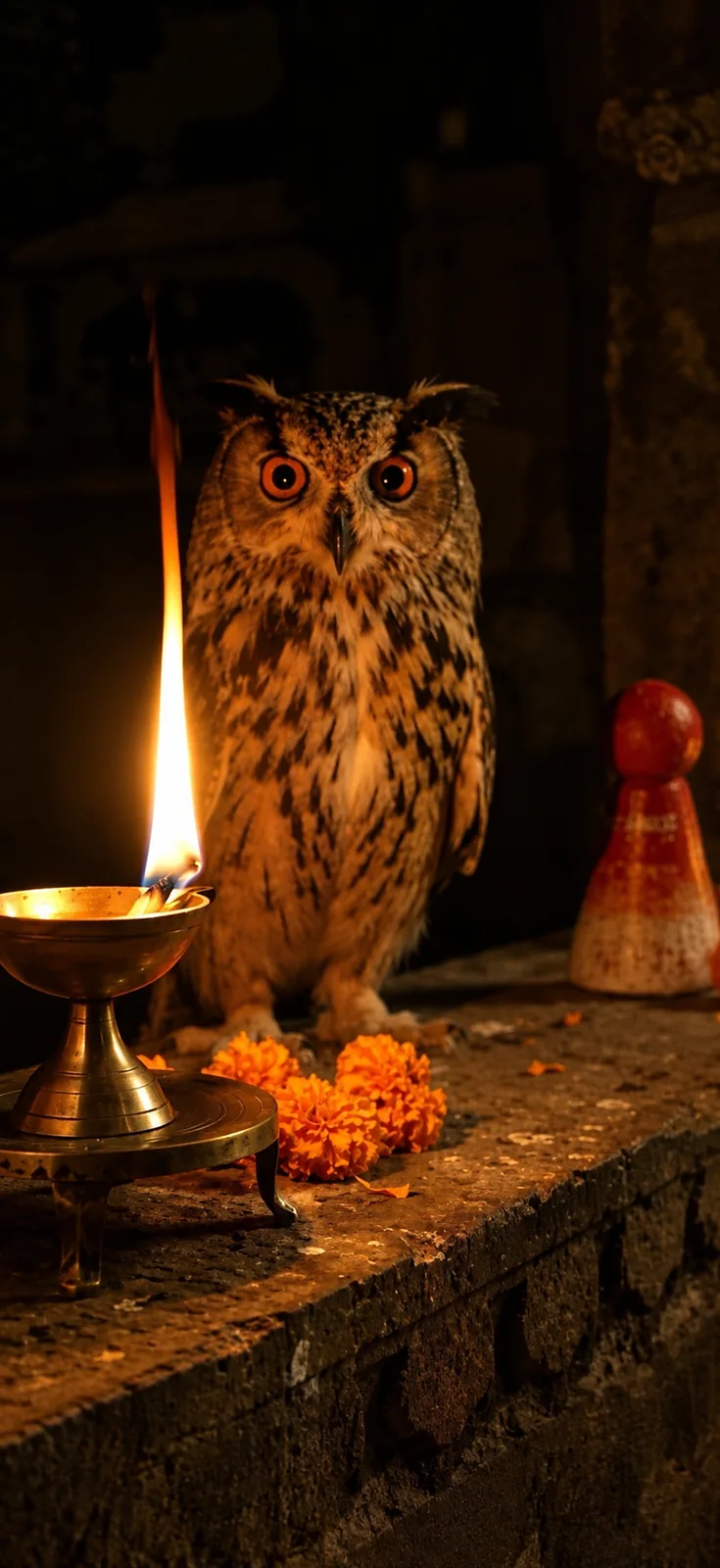 An owl beside a lit diya and marigolds.